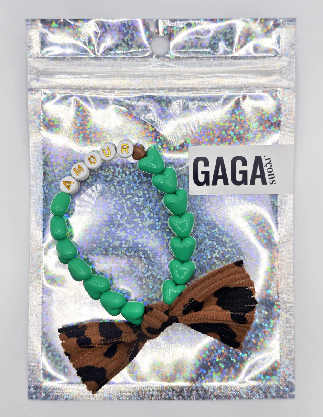 Bracelet Coeur Vert Flashy, Blanc doré 💚 & Maxi Nœud Léopard